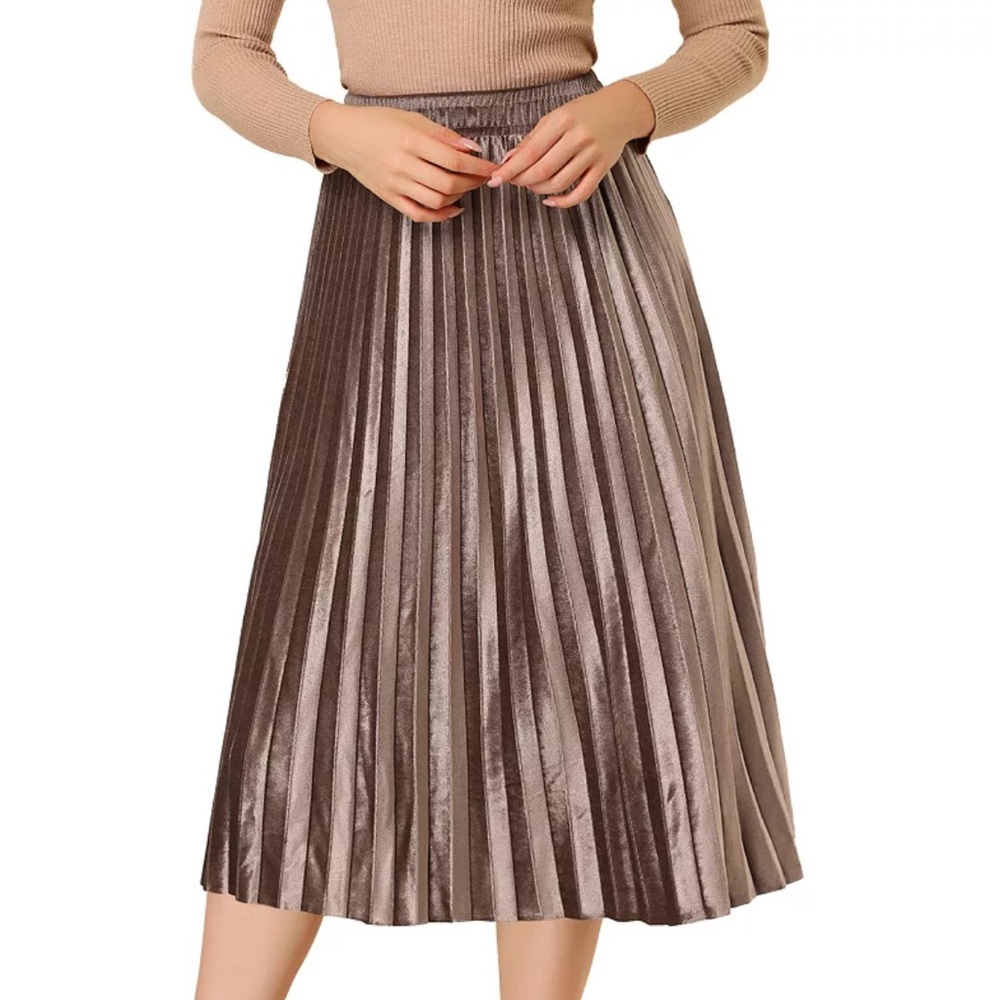 Francesca’s Metallic Gold Gunmetal Silver Pleated Midi Skirt Size Medium